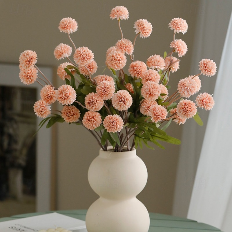 1 Bundle Simulated Dandelion Flower with 5 Ping Pong Ball Blooms, Single Branch Plastic Fake Flower for Wedding Decoration, Indoor Prop, Artificial Floral Arrangement2