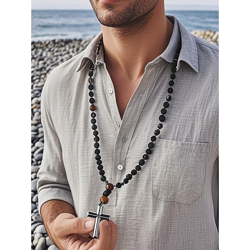 Men's Black Lava Stone and Tiger Eye Cross Pendant Necklace – Stainless Steel Spiritual Beaded Necklace with Adjustable Length, Perfect Father's Day Gift for Casual and Religious Wear2