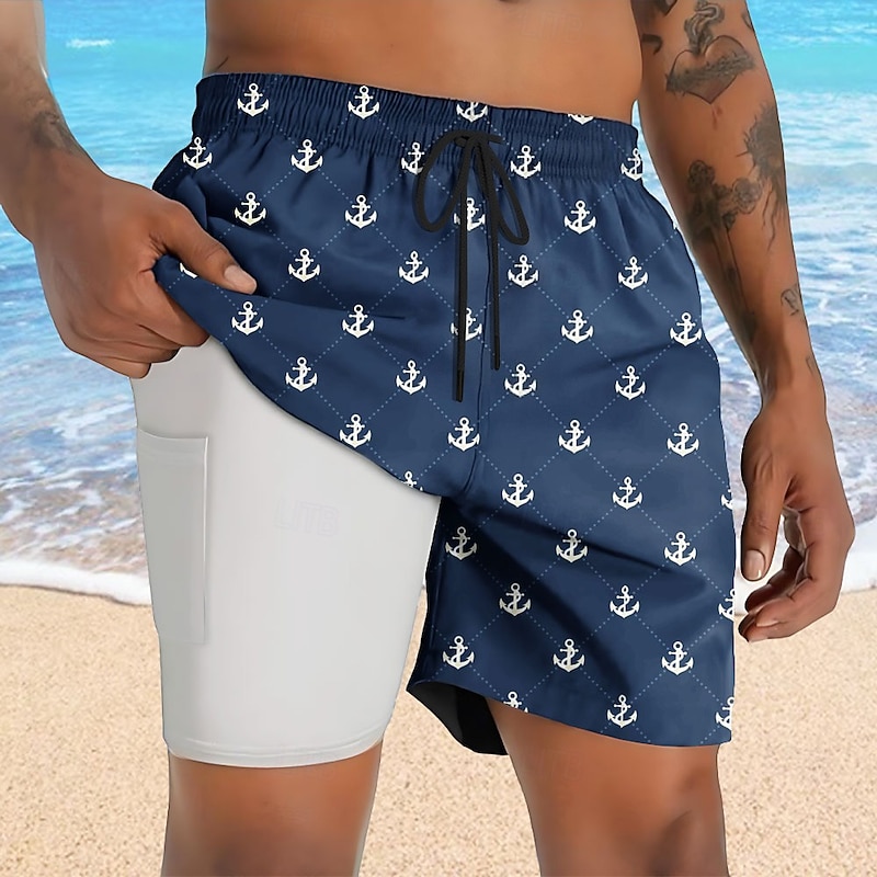 Men's Nautical Anchor Lined Shorts 2 in 1 Board Shorts Swim Shorts Mid Waist Hawaiian Vacation Holiday Beach Wear Side Pockets With Compression Liner Elastic Drawstring Waist Designer Clothing Apparel