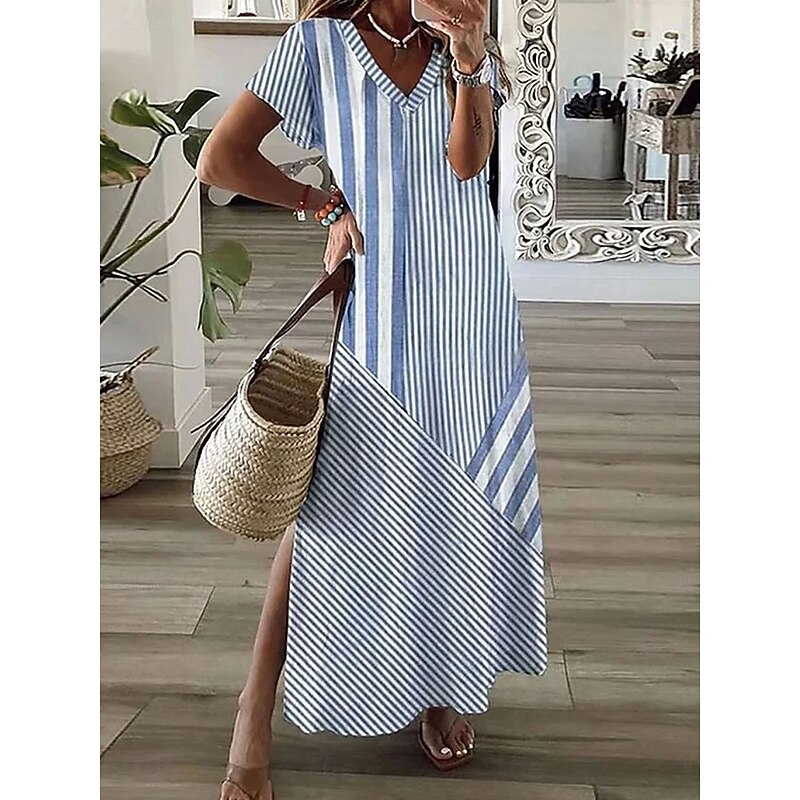 Women's Maxi Dress A Line Dress Summer Dress Vacation Casual Daily Regular Fit Graphic Striped Short Sleeve V Neck Pink Blue Gray Summer2
