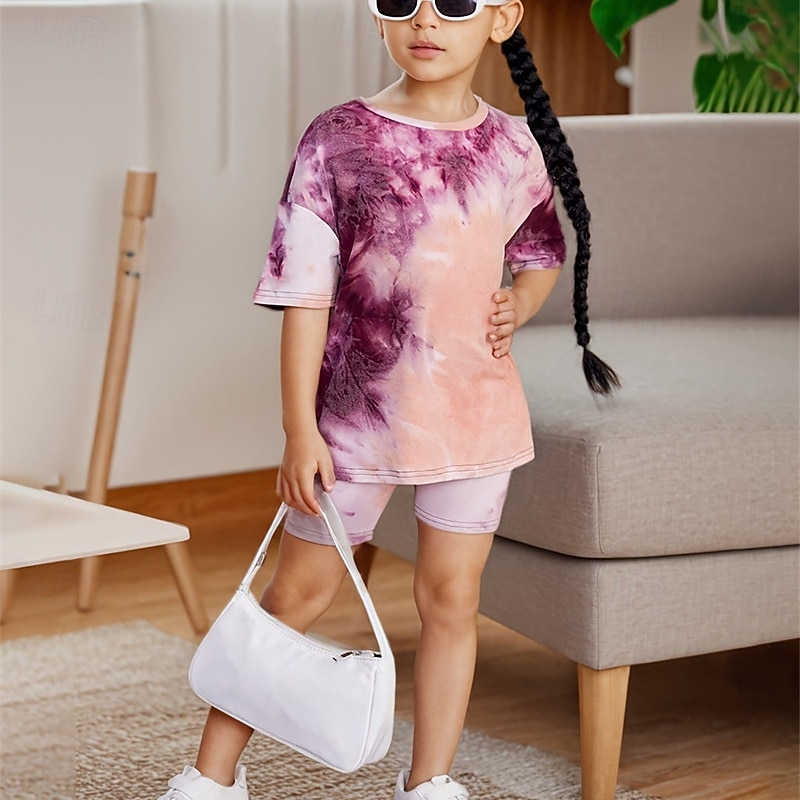 2 Pieces Kids Girls' Tie Dye Crewneck T-shirt & Shorts Set Short Sleeve Fashion Outdoor 4 years+ Summer Purple2