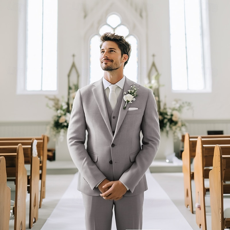 Men's Wedding Business Suits Notch Lapel Light Grey Fashion Formal Solid Colored Standard Fit 3 Piece Single Breasted Two-buttons