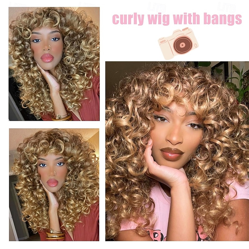 Curly Wig Big Curly Wigs for White Black Women 20 Inch Long Curly Afro Wig with Bangs Synthetic Hair Replacement Wigs for Cosplay and Daily Ombre Blonde Halloween Wigs4