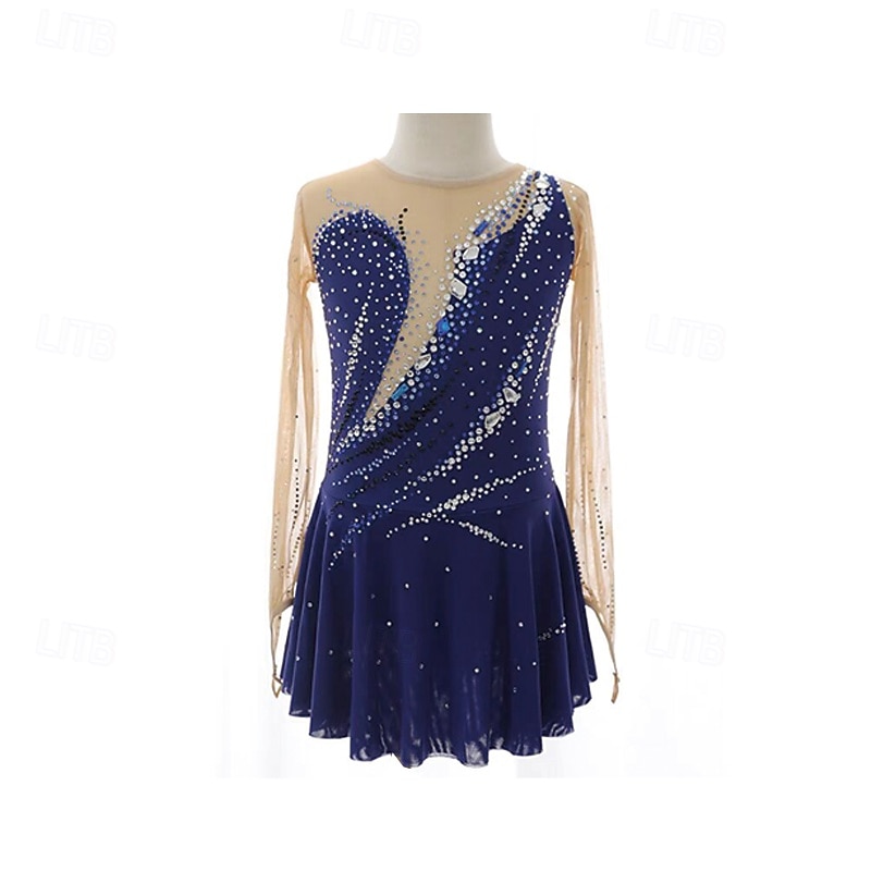 Figure Skating Dress Women's Girls' Ice Skating Dress Dark Blue Patchwork Thumbhole Mesh Spandex Stretchy Training Practice Professional Skating Wear Thermal Warm Crystal / Rhinestone Long Sleeve Ice