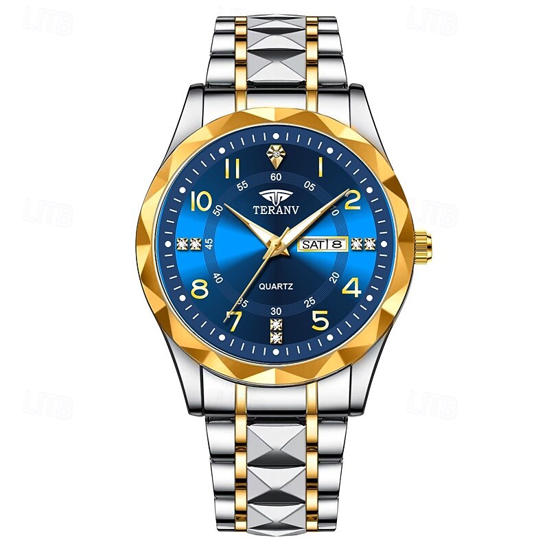 A New Digital Diamond-Shaped Dial Elegant Men'S Quartz Watch - Ipx7 Waterproof Rating Luminous Date And Day Display Alloy Strap - Fashionable And Trendy Versatile For Casual Wear Ideal Gift For Li3