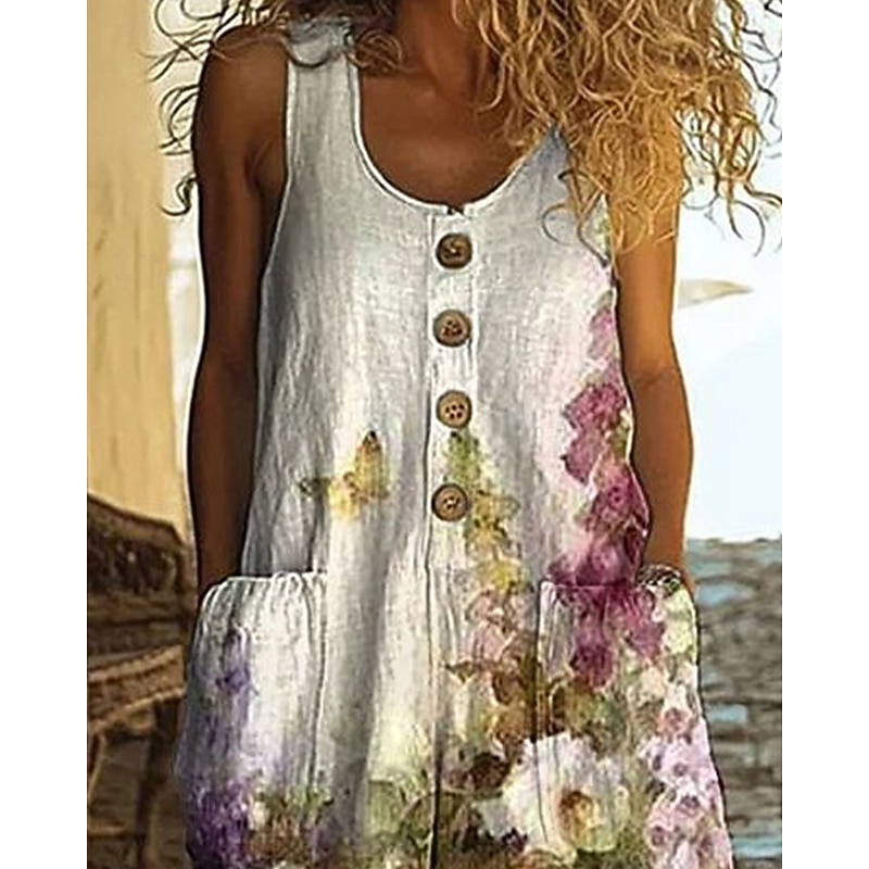 Women's Normal Cotton Linen Pants Stylish Floral Sleeveless Wide Leg U Neck Buttons Pocket Street Daily Regular Fit Green Summer2