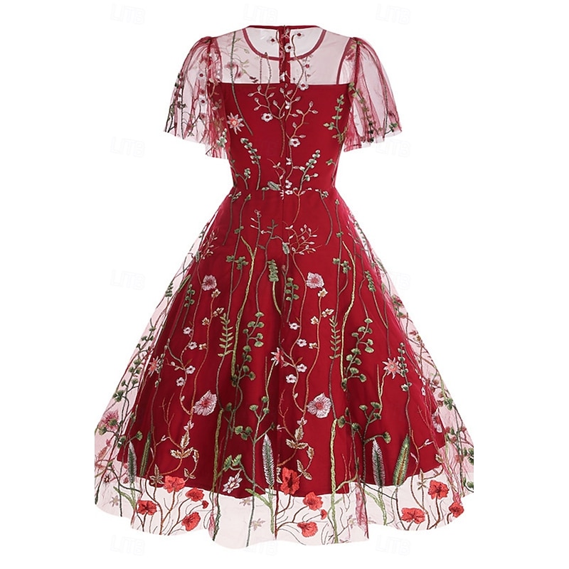 Women's Mini Dress A Line Dress Tulle Dress Elegant Party Cocktail Outdoor Party Wedding Guest Regular Fit Floral Short Sleeve Crew Neck Black White Red Blue Summer4