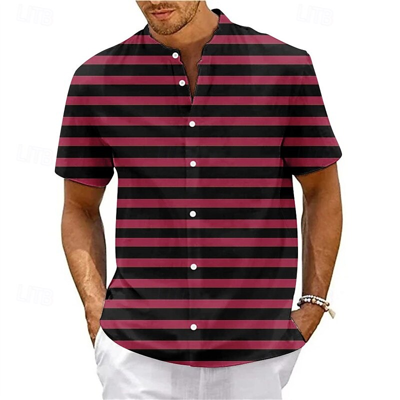 Men's Shirt Summer Shirt Casual Shirt Beach Shirt Button Up Shirt Light Pink Black Pink Red Royal Blue Short Sleeve Stripes Band Collar Vacation Hawaiian Clothing Apparel Polyester Fashion Casual3