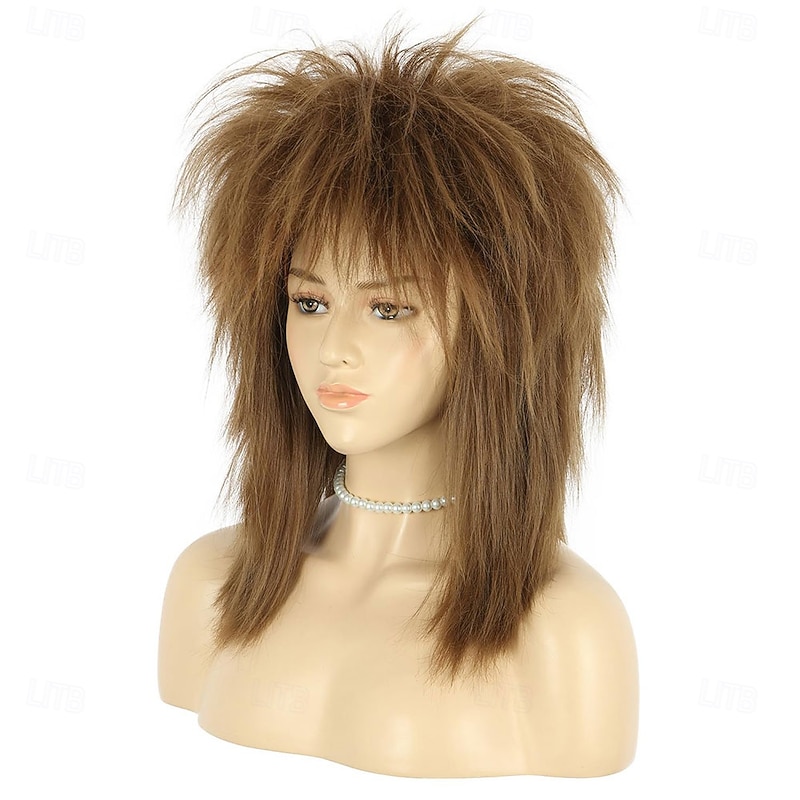 70s 80s Mullet Wig Women Shoulder Length Straight Brown Wig with Necklace Rock Disco Cosplay Party Halloween Costume Wig