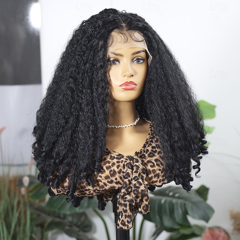 Synthetic Lace Wig Jerry Curl Style 20 inch Black Middle Part 13x4x1 T Part Lace Front Wig Women's Wig Black3