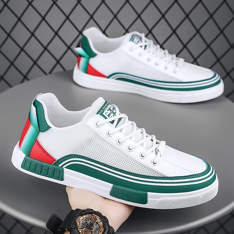 Men's Casual Shoes Walking Casual PU Leather Mesh Breathable Comfortable Slip Resistant Lace-up Black Green / White Summer Spring4