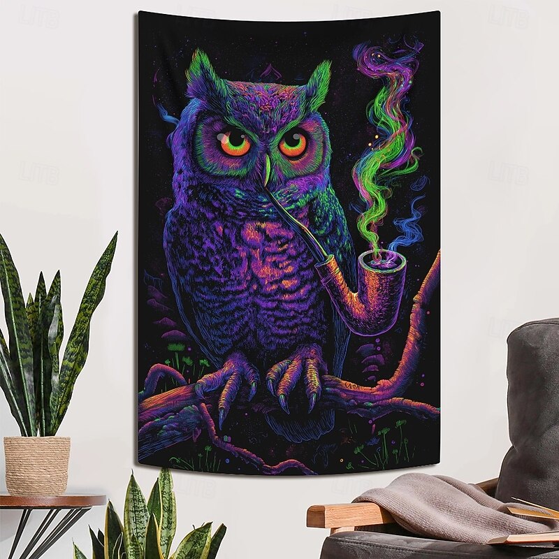 Blacklight Tapestry Glow in the Dark Glow Party UV Reactive Animal Owls Trippy Misty Hanging Tapestry Wall Art Mural for Living Room Bedroom3