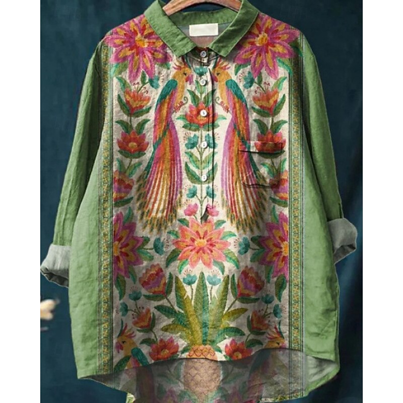 Women's Shirt Boho Shirt Blouse Flower Modern Boho Long Sleeve Shirt Collar Regular Tops Daily Holiday Going out Buttons Print Grass Green Light Green Navy Blue Purple Fuchsia Summer2
