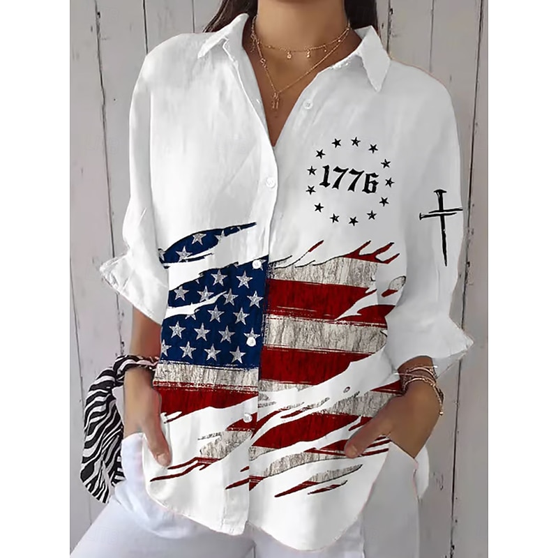 Women's Patriotic Shirt Graphic Flag Vintage Stylish Casual Regular Tops Daily White Red Blue Spring