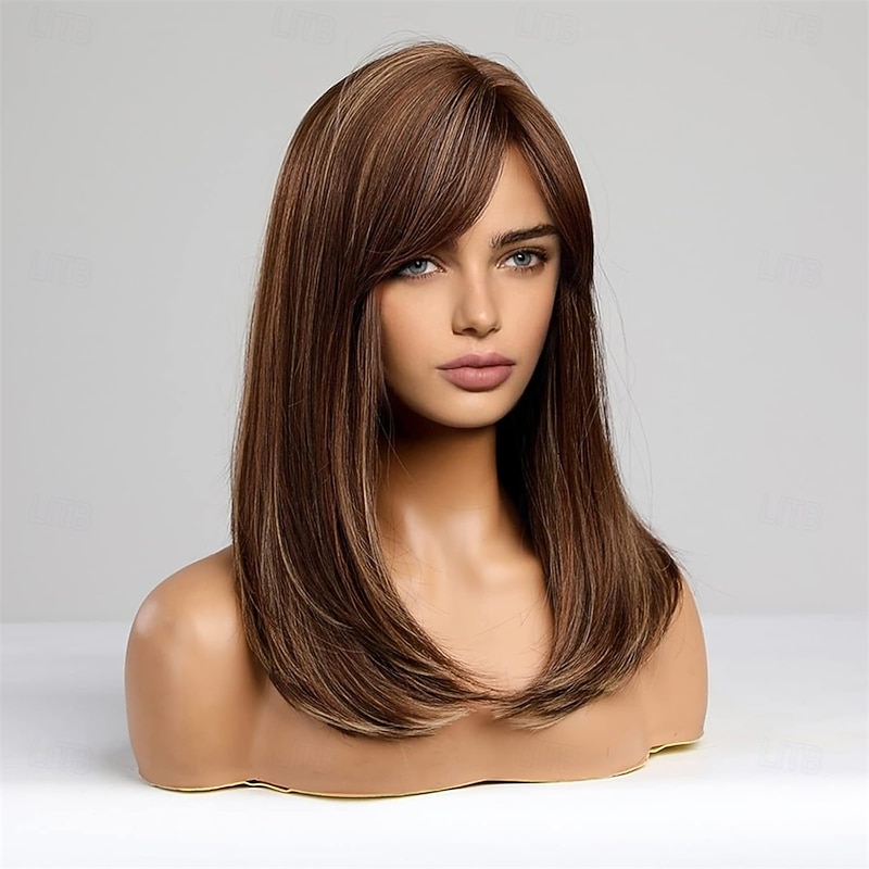Long Mixed Brown Wigs for Women Layered Synthetic Hair Wig with Partial Fringe2