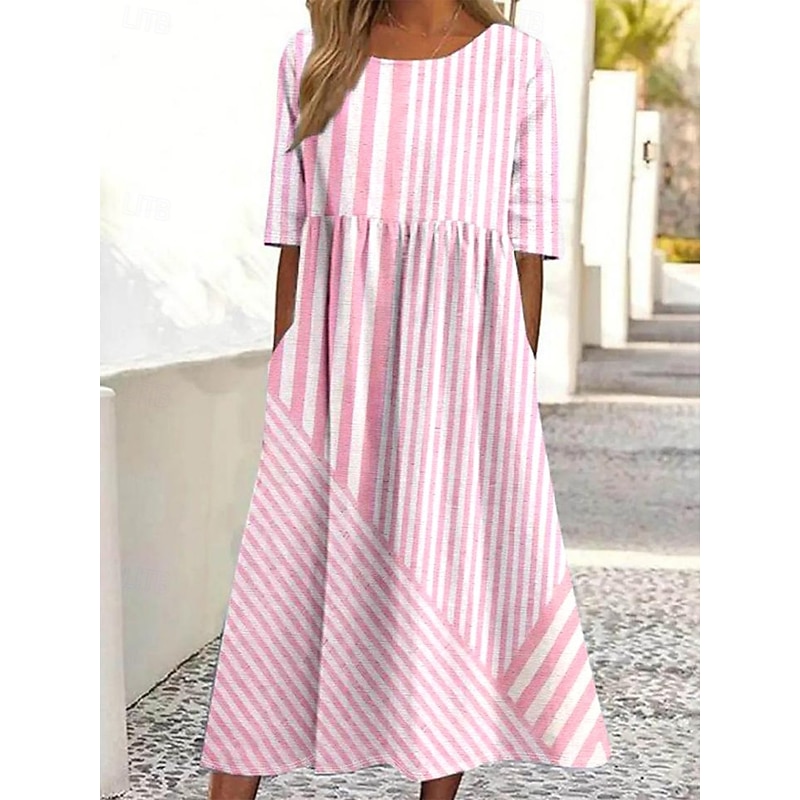 Women's Midi Dress Casual Dress T Shirt Dress Tee Dress Sundress A Line Dress Bohemia Vacation Vintage Regular Fit Graphic Stripe Short Sleeve Crew Neck Light Yellow Light Pink Light Green Light