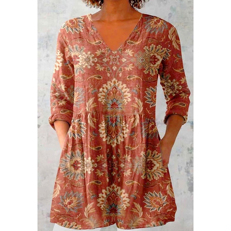 Women's Shirt Blouse Floral Bohemia Daily Retro Vintage Long Sleeve V Neck Regular Tops Daily Print Wine Fuchsia Green Summer Spring