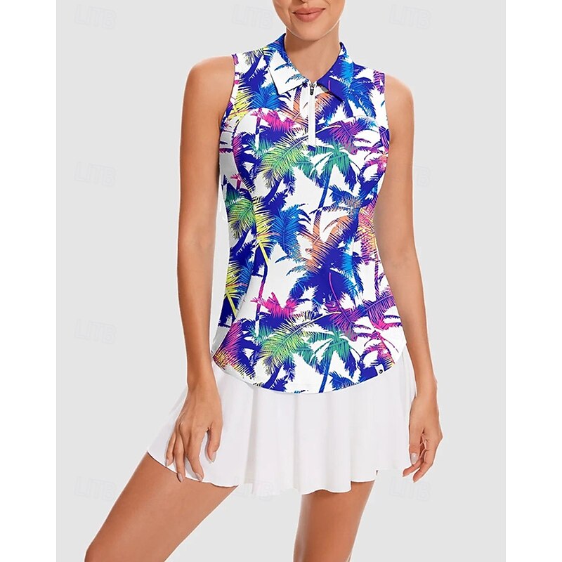 Women's Tropical Tennis Shirt Sleeveless Print UPF50+ Quick Dry Tennis Golf Outdoor Exercise Zip Collar Tee Tshirt Top Blue Tennis Clothing2