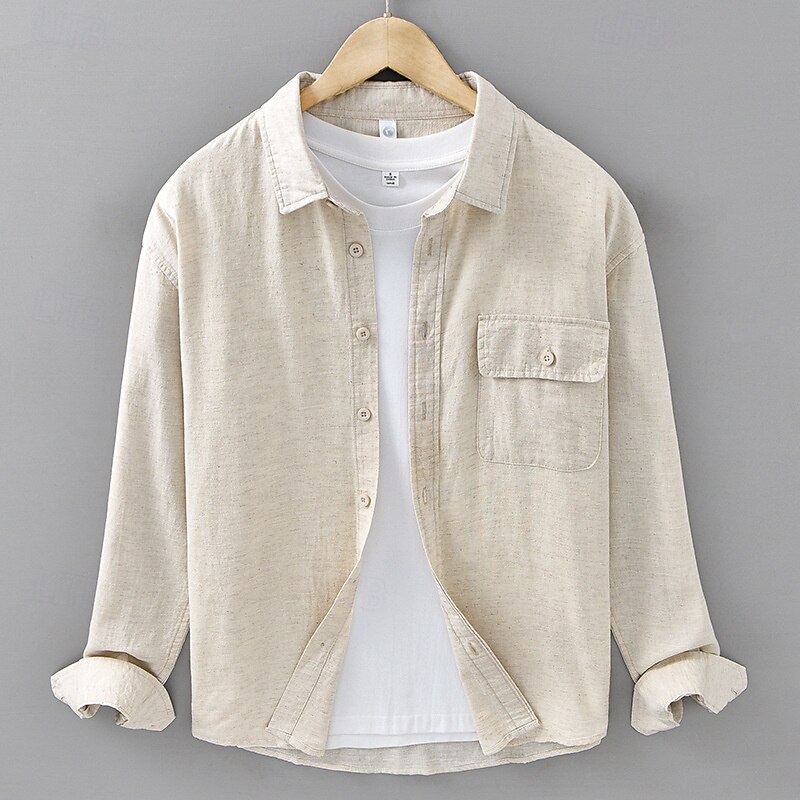 Men's Shirt Linen Shirt Casual Shirt Button Up Shirt Cotton Shirt Plain Vacation Hawaiian White Navy Blue Blue Beige Long Sleeve Lapel Spring Fall Clothing Apparel Button-Down