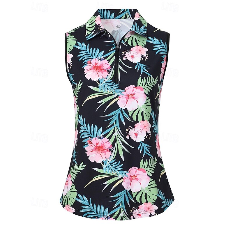 Women's Floral Tennis Shirt Sleeveless Print UPF50+ Quick Dry Tennis Golf Badminton Zip Collar Tee Tshirt Top Pink Green Tennis Clothing3