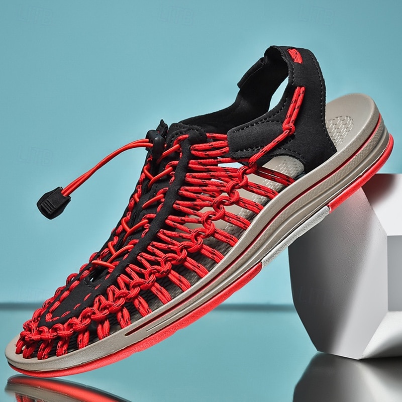 Men's Sneakers Red and Grey Running Shoes with Unique Knitted Design and Flexible Sole for Sports and Daily Wear