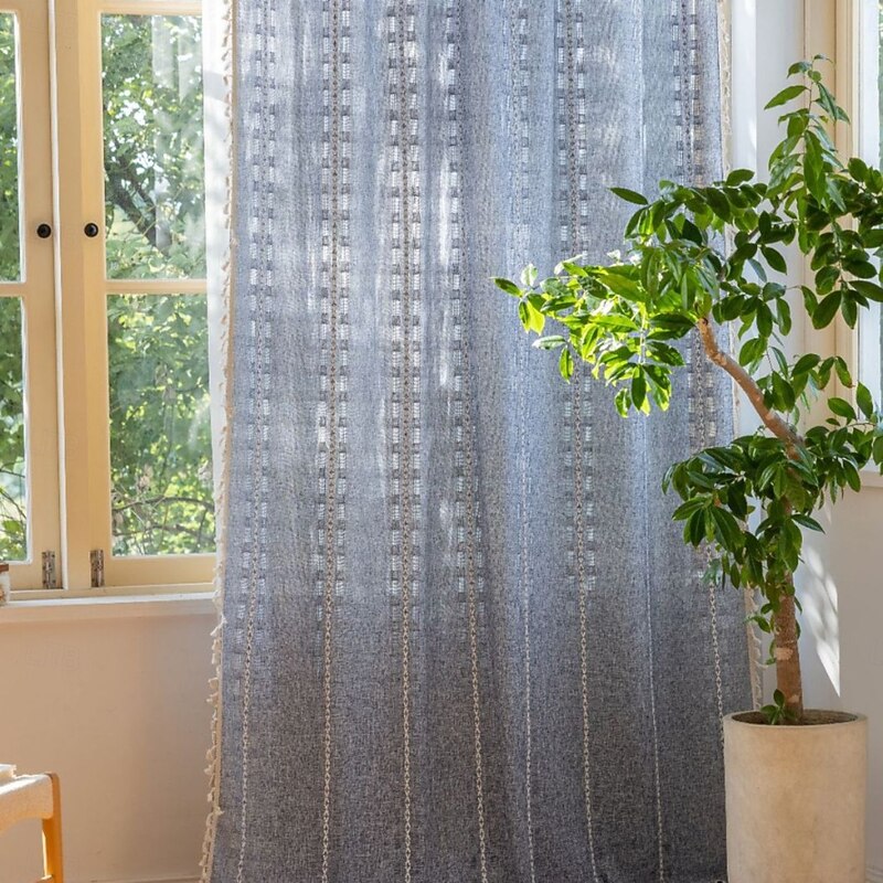 Boho Curtains Crochet Lace Patchwork Semi-Blackout Bohemian Handmade Tassels, Rod Pocket Window Treatment Vintage Rustic Farmhouse Drapes for Living Bedroom