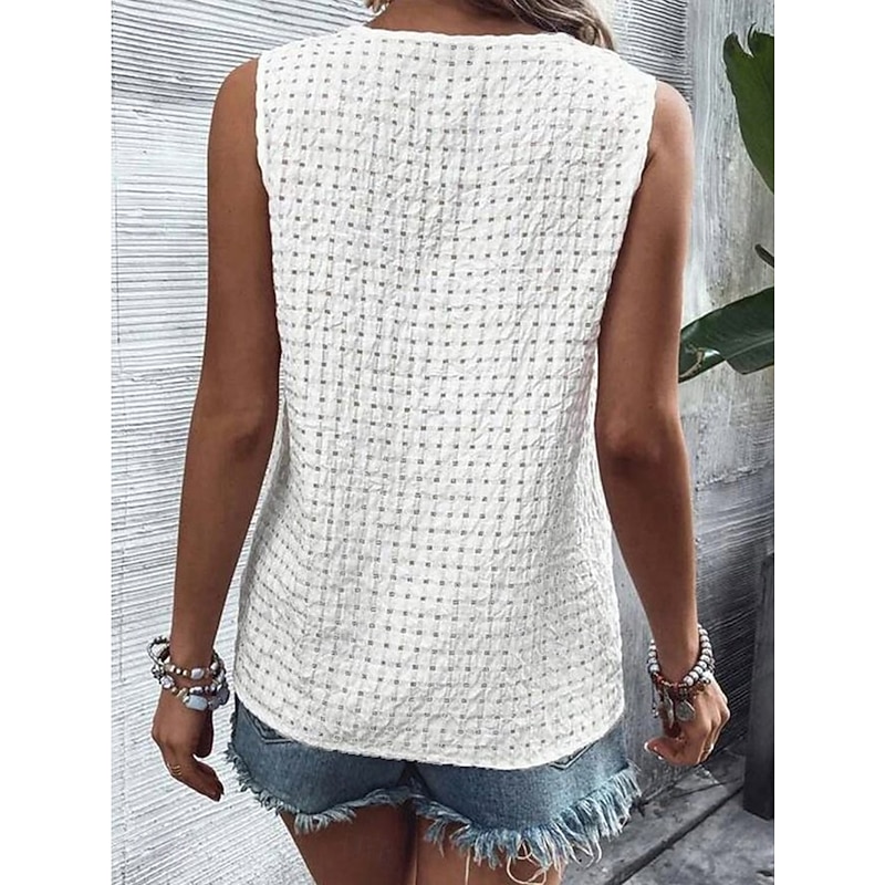 Women's Blouse Solid Color Elegant Vintage Tropical Sleeveless V Neck Regular Tops Daily Holiday Buttons Black White Light Green Pink Light Blue Summer Spring2