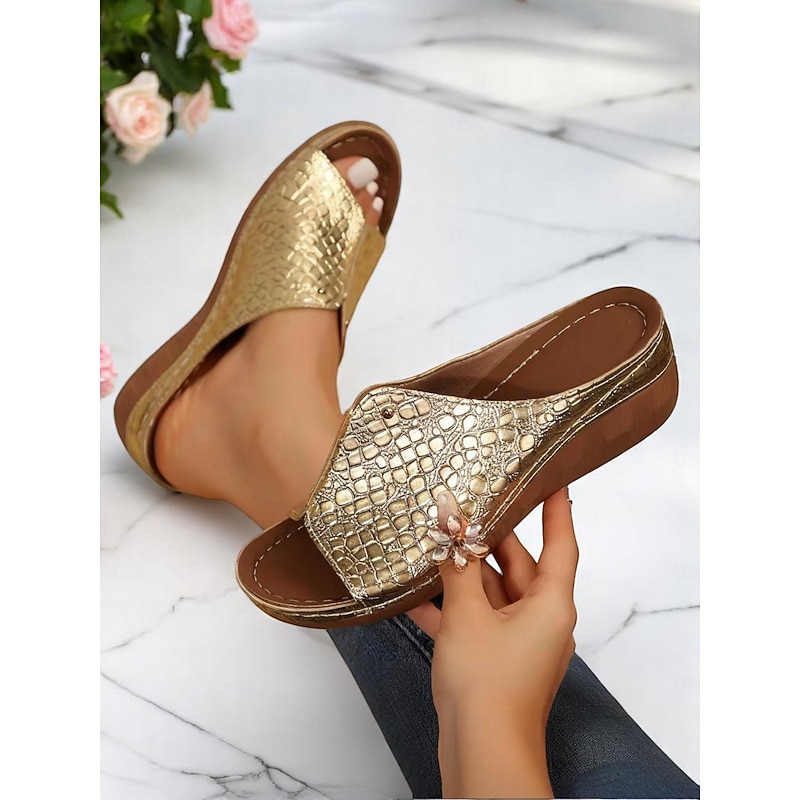 Women's Gold Croc-Embossed Slide Sandals with Wedge Heel – Stylish Open-Toe Slip-On Shoes, Perfect for Beach Vacations, Garden Parties, Poolside Brunch & Summer Strolls2
