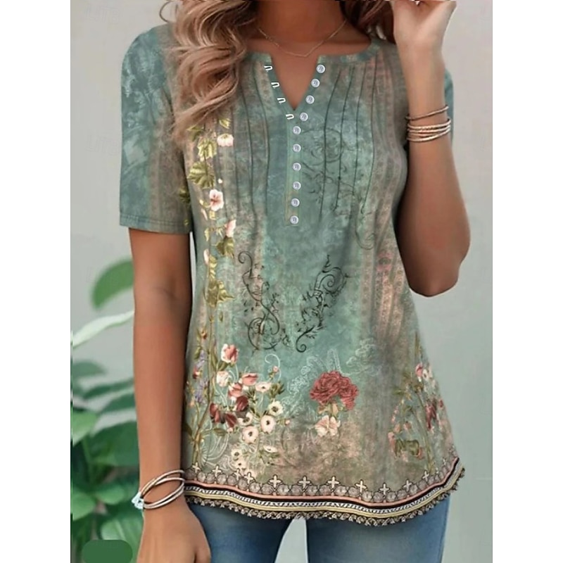 Women's Cotton Shirt Floral Graphic Plants Basic Short Sleeve Round Neck Regular Tops Daily Weekend Beach Wear Buttons Print Pink Green Summer Spring2