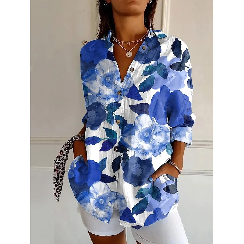 Women's Shirt Button Down Tunic Shirt Collar Long Sleeve Ombre Floral Graphic Vintage Tropical Hawaiian Regular Tops Work Daily s Print Blue Orange Brown Green Spring Fall4