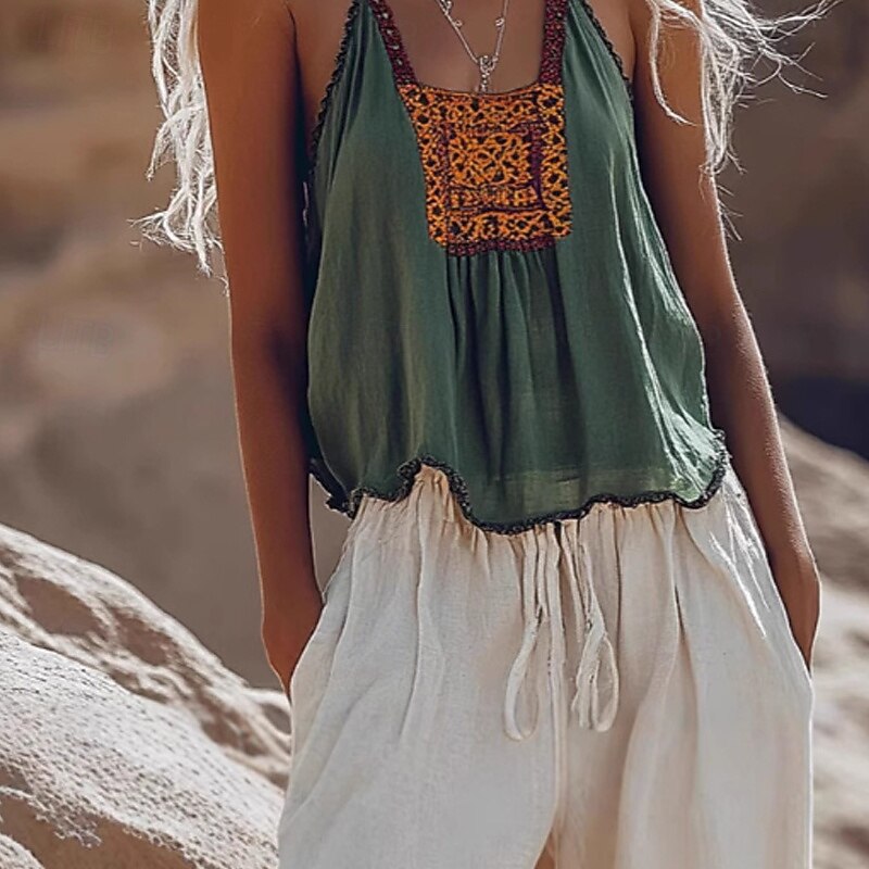 Women's Boho Shirt Blouse Flower Modern Casual Boho Sleeveless V Neck Regular Tops Holiday Going out Print Green Summer3