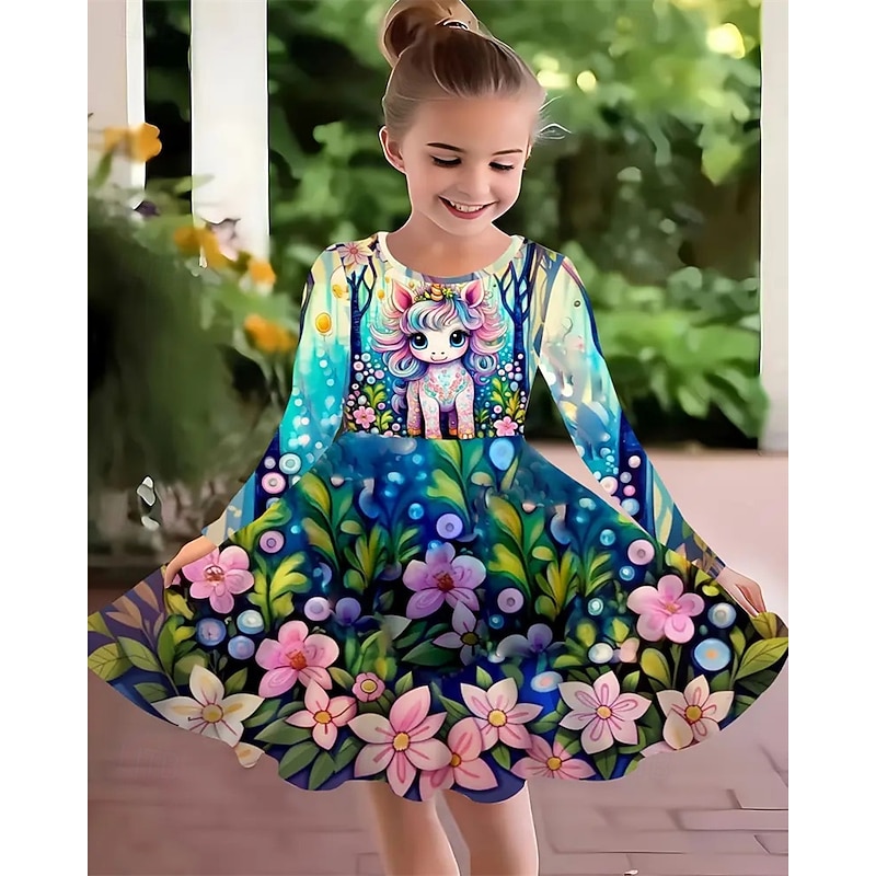 Girls' 3D Floral Unicorn Dress Long Sleeve Summer Spring Vacation Daily Holiday Princess Beautiful Sweet Kids 4-12 Years Casual Dress A Line Dress Knee-length Regular Fit