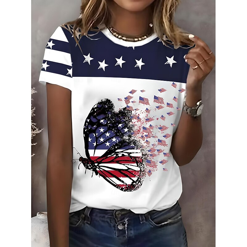 Women's Patriotic  T Shirt Graphic Flag American Flag Vintage Stylish Classic Short Sleeve Crew Neck Regular Tops Daily Weekend Print White Red Summer Spring3