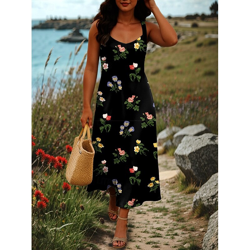 Women's Maxi Dress A Line Dress Off The Shoulder Dress Vacation Casual Beach Party Regular Fit Floral Graphic Sleeveless Square Neck Black White Blue Green Summer Spring4