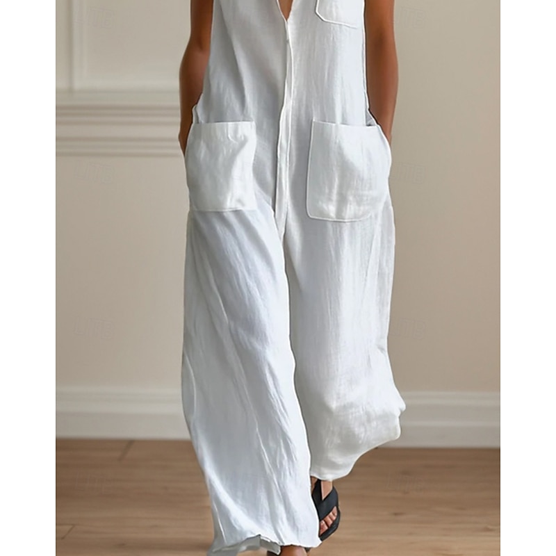 Women's Normal Jumpsuit Streetwear Solid Color Sleeveless Shirt Collar Buttons Pocket Street Daily Regular Fit White Summer3