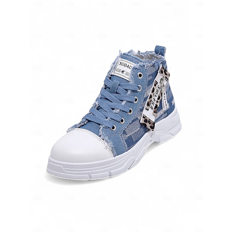 Women's Denim High Top Platform Sneakers with Leopard Detail – Casual Street Style Lace-Up Shoes for Teens & Young Adults4