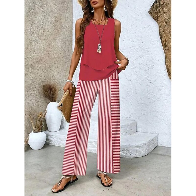 Women's 2 Pieces Fashion Streetwear Daily Camis Pants Sets Sleeveless Square Neck Graphic Striped Print Outdoor Casual Daily White Red Blue Summer Loose Fit2