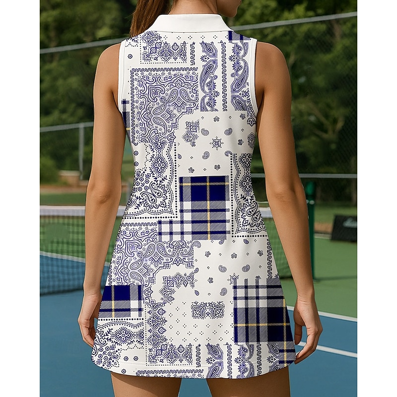Women's Plaid / Check Tennis Dress Sports Dress Sleeveless Print Breathable Tennis Golf Badminton Polo Collar Zip Collar Dress Blue Tennis Clothing2