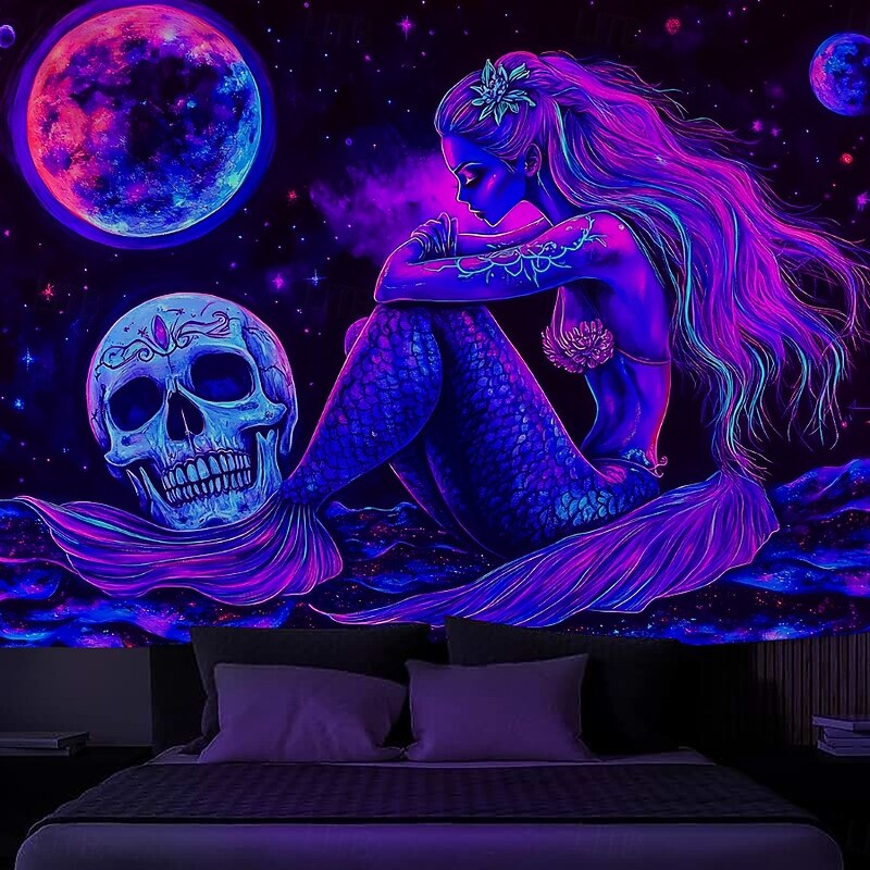 Halloween Blacklight Tapestry Glow in the Dark Glow Party UV Reactive Skull Snake Woman Creepy Trippy Misty Hanging Tapestry Wall Art Mural for Living Room Bedroom3