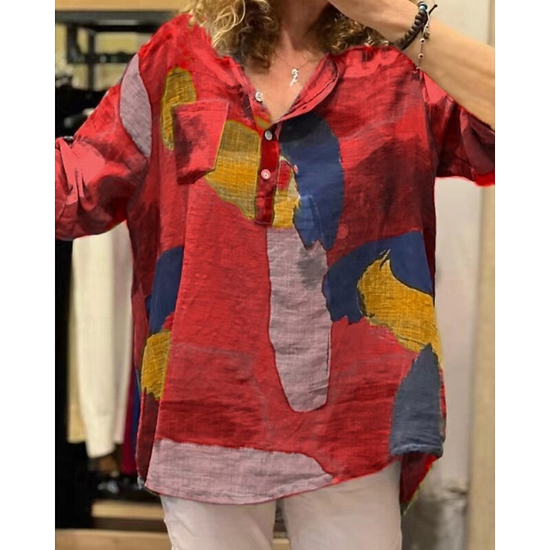 Women's Shirt Cotton Linen Shirts Blouse Color Block Modern Casual Long Sleeve Shirt Collar Regular Tops Daily Going out Print Yellow Red Fuchsia Green Light Grey Summer4