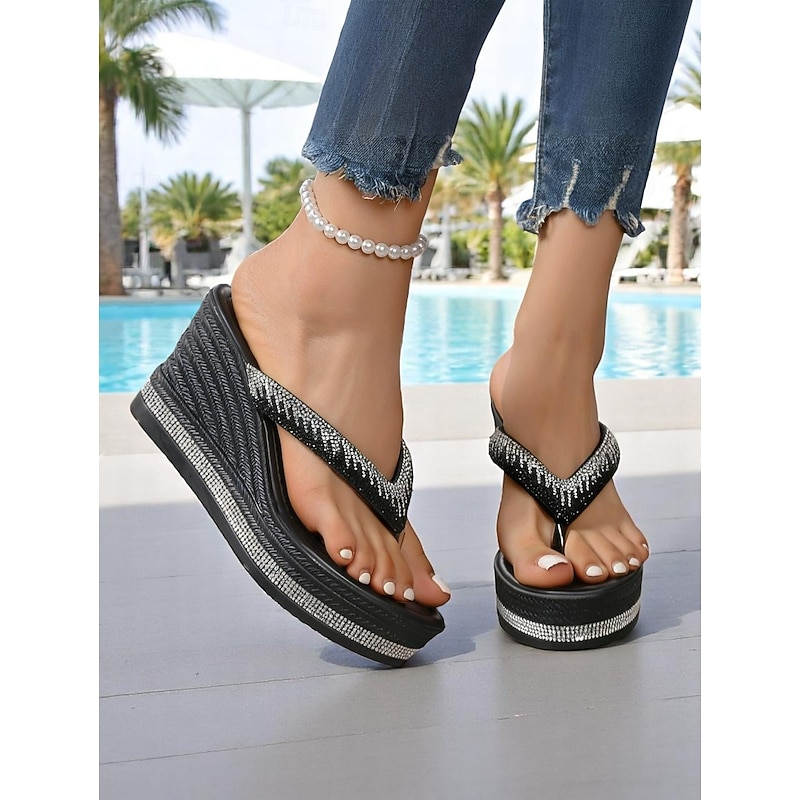 Women's Rhinestone Platform Flip Flop Sandals – Glitter Wedge Beach Shoes for Summer Vacation, Poolside, and Casual Outings