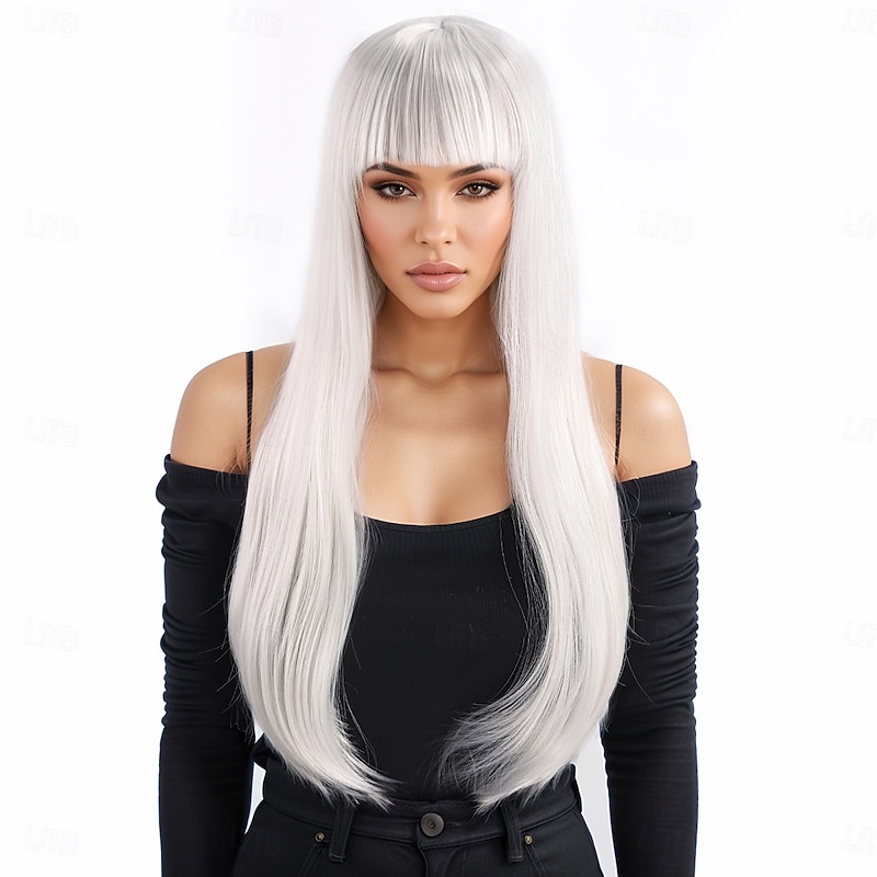 Synthetic Wig kinky Straight Natural Straight Layered Haircut With Bangs Machine Made Wig 24 inch A1 Synthetic Hair Women's Classic Comfortable Color Gradient White2