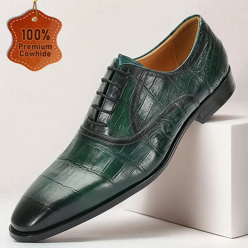 Men's Premium Green Crocodile Leather Lace-Up Shoes with Elegant Detailing for Formal Dinners and Gala Events