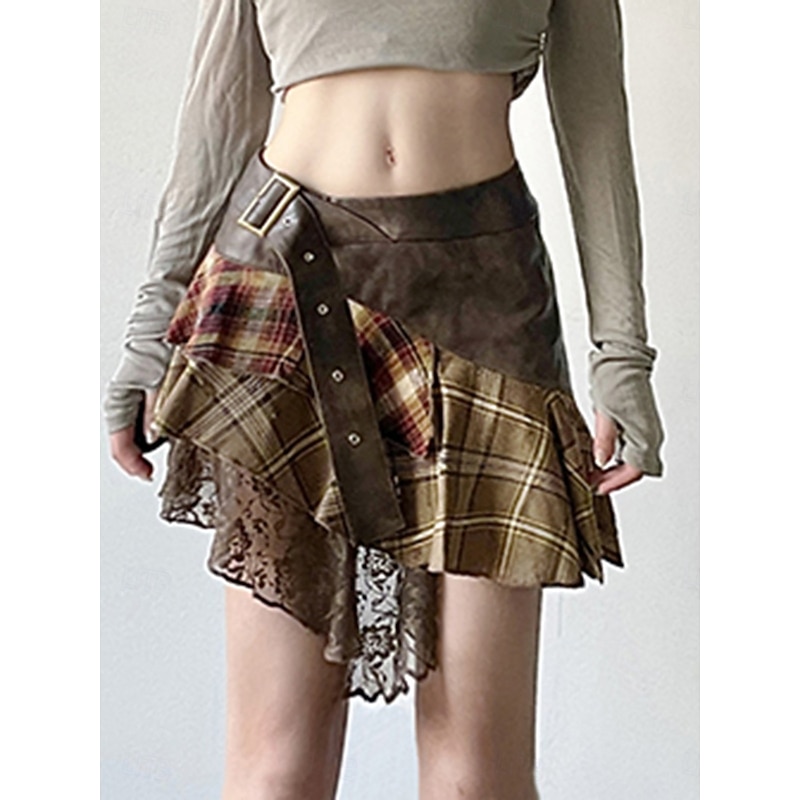 Women's Skirt A Line Fashion Casual Mini High Waist Skirts Plaid Irregular Hem Micro-elastic Street Daily Brown Summer Polyester