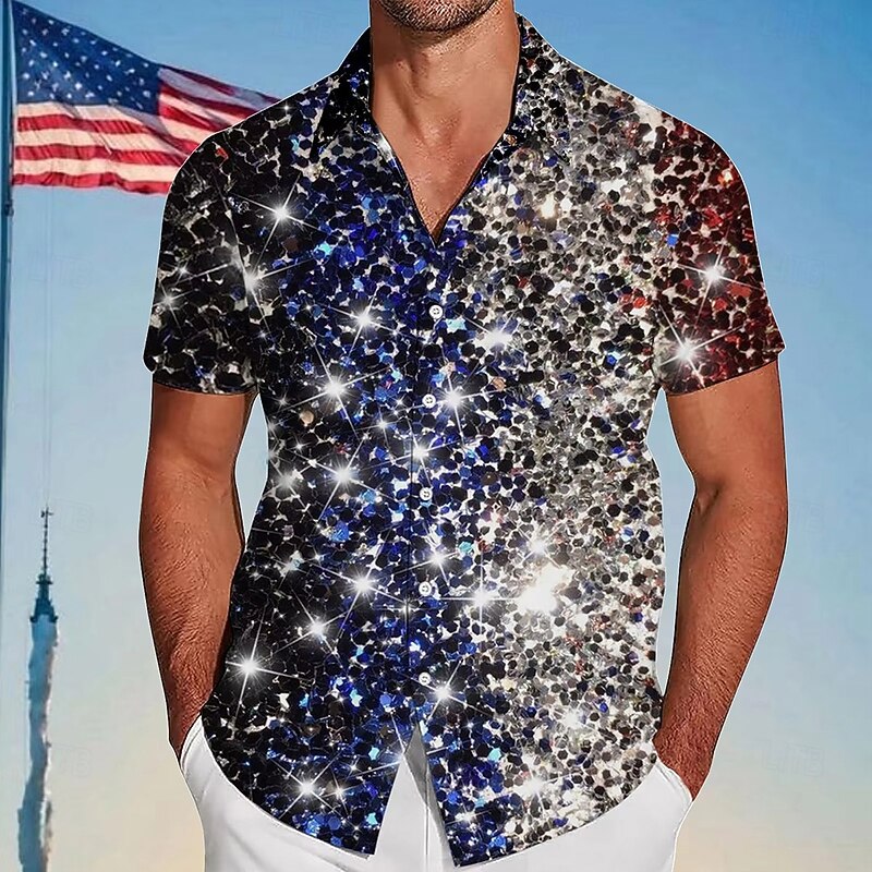Independence Day Men's US Flag Patriotic Fireworks Shirt Summer Shirt Button Up Shirt Short Sleeve Fashion Casual Outdoor Holiday Summer Spring Turndown 3D Print Collared Shirts Red Blue2