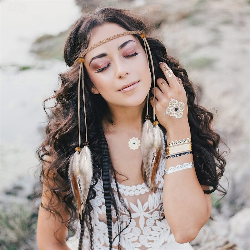 3 Pack Feather Hair Clips and 1 Boho Feather Headband Hippie Hair Extensions with Clip Comb Set for Women Mardi Gras Cosplay Costume Carnival Party Headdress Accessory Gifts4