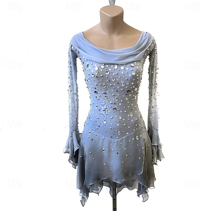 Figure Skating Dress Women's Girls' Ice Skating Dress Gray+White Patchwork Asymmetric Hem Mesh High Elasticity Training Competition Skating Wear Classic Crystal / Rhinestone Long Sleeve Ice Skating
