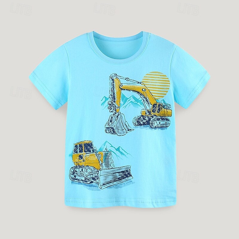 Kids Boys T shirt Tee Cartoon Short Sleeve Crewneck Children Top Outdoor Basic Summer Blue 4 years+