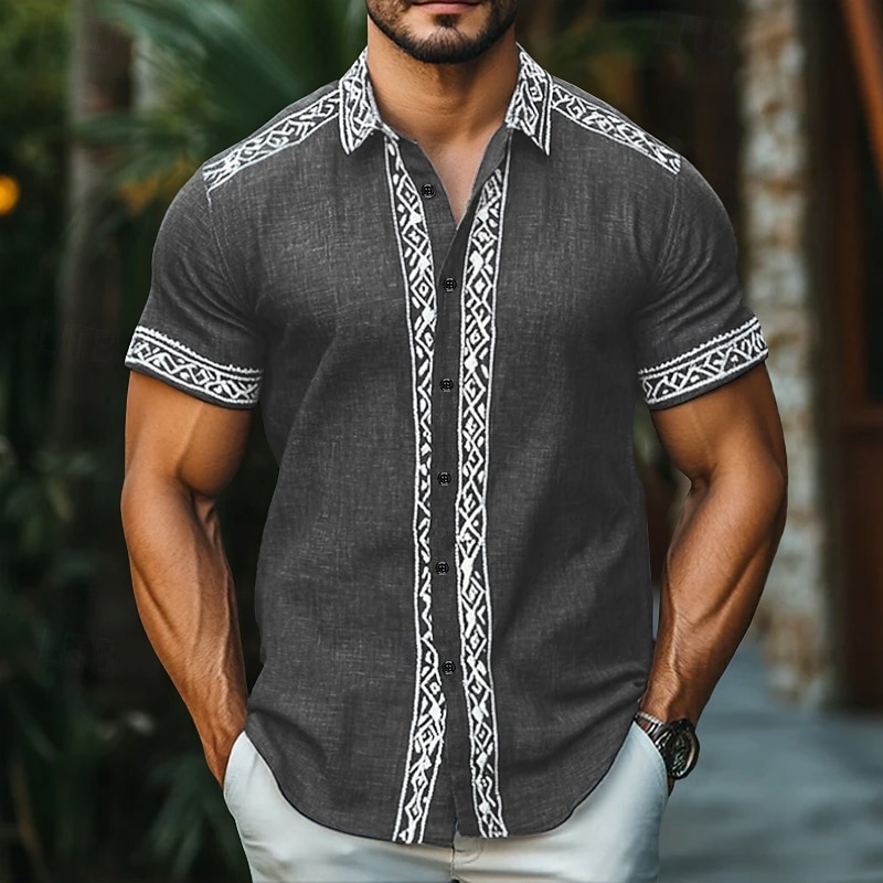 Men's Linen Shirt Summer Shirt Beach Wear Button Up Shirt Ethnic Shirt Vacation Street Black Navy Blue Gray Short Sleeve Turndown Summer Spring Clothing Apparel2