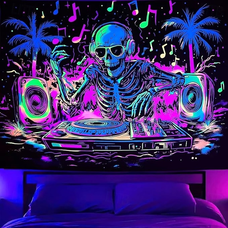 Halloween Decoration Blacklight Tapestry Glow in the Dark Glow Party UV Reactive Skull DJ Trippy Gift Hanging Tapestry Wall Art Mural for Living Room Bedroom